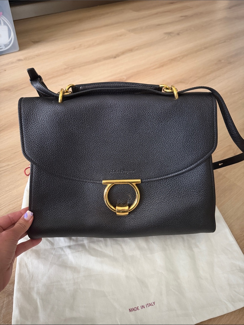 Salvatore Ferragamo Margot Leather Shoulder Bag Medium with Gold Hardware
